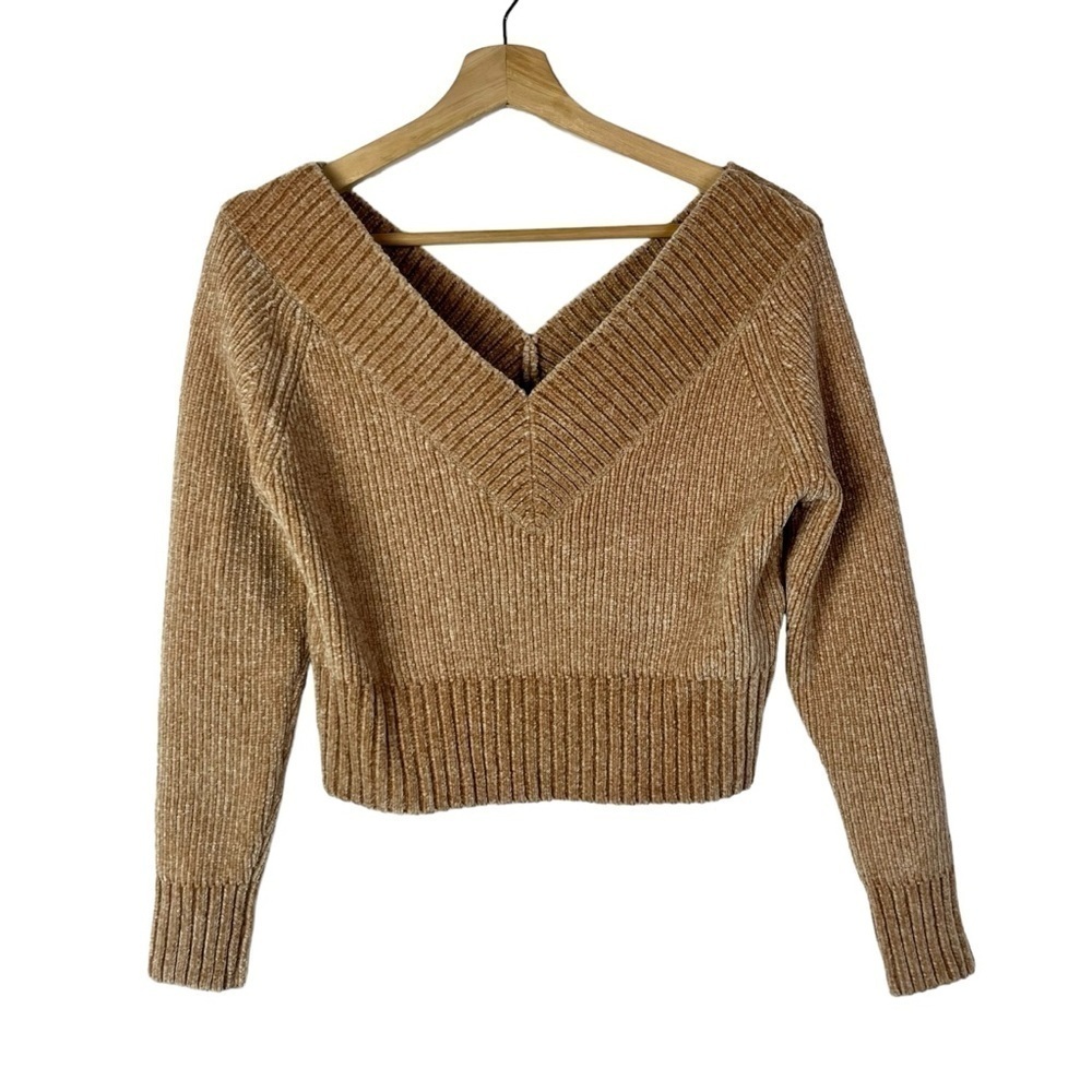H&M Divided Light Brown Chenille‎ V-Neck Cropped Sweater S